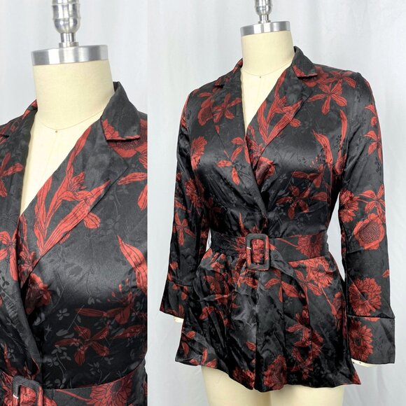 Zara medium silky printed blouse with belt burgundy black witchy corporate goth - Picture 7 of 7